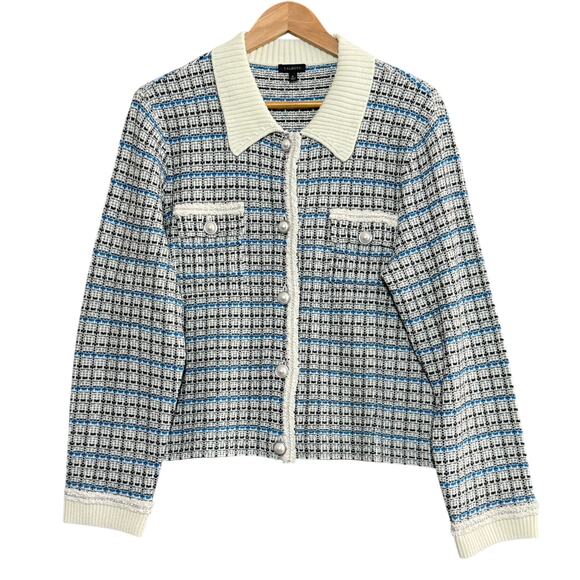 TALBOTS Tweed Pearl Silver Chain Jacket XL Blue Cream Black Career Preppy Chic - Picture 1 of 9